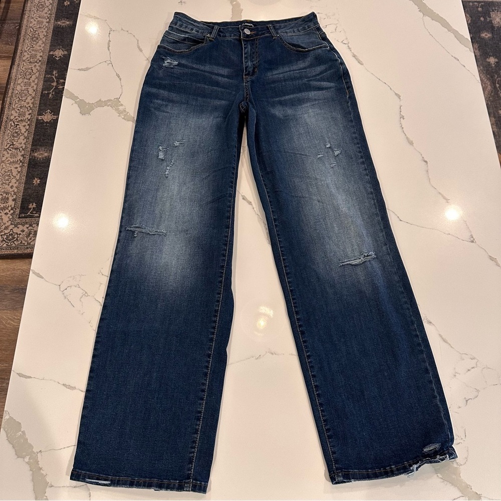 Flamingals Women’s Distressed Mid Rise Straight Leg Jeans M Blue Medium Wash Y2K